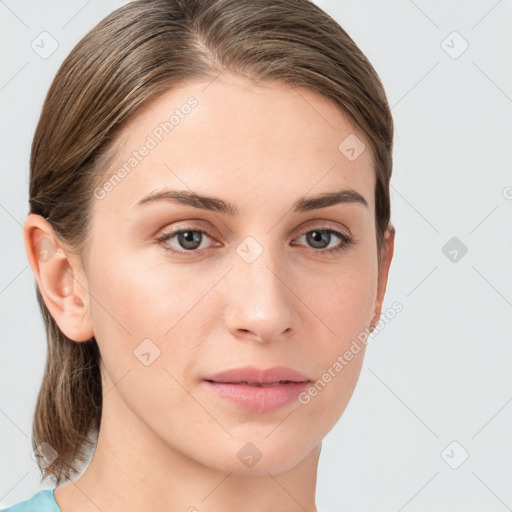 Neutral white young-adult female with long  brown hair and grey eyes