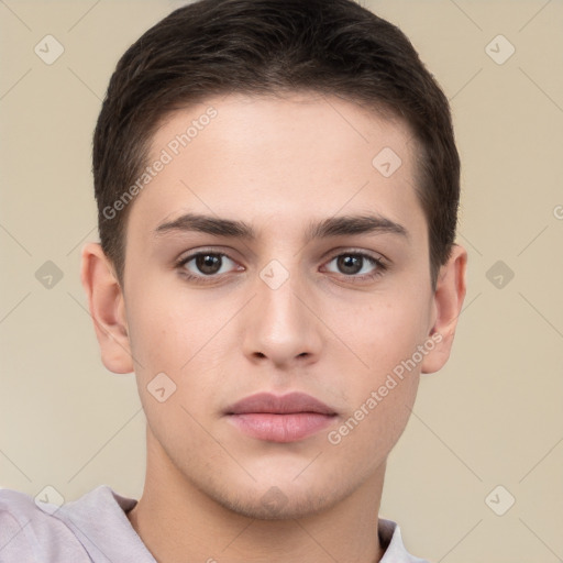 Neutral white young-adult male with short  brown hair and brown eyes