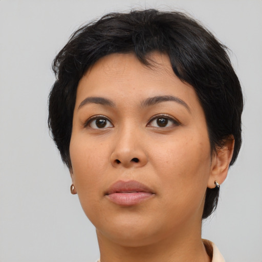 Neutral asian young-adult female with medium  black hair and brown eyes