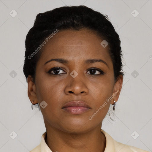 Neutral black young-adult female with short  black hair and brown eyes