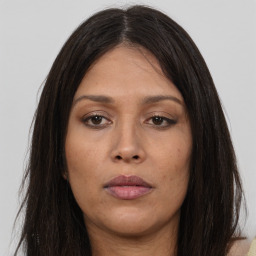 Neutral asian young-adult female with long  brown hair and brown eyes