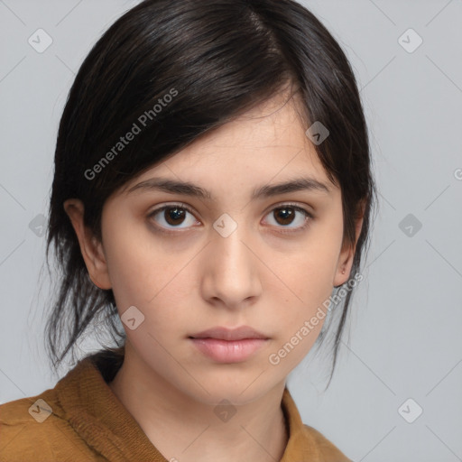 Neutral white young-adult female with medium  brown hair and brown eyes