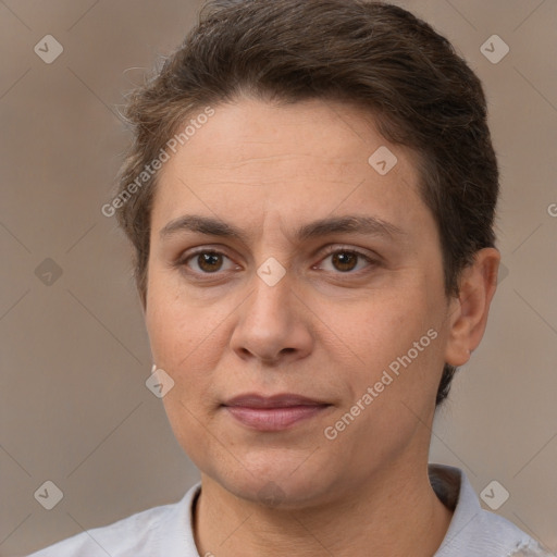 Joyful white adult female with short  brown hair and brown eyes