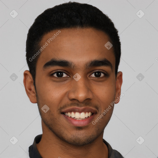 Joyful latino young-adult male with short  black hair and brown eyes