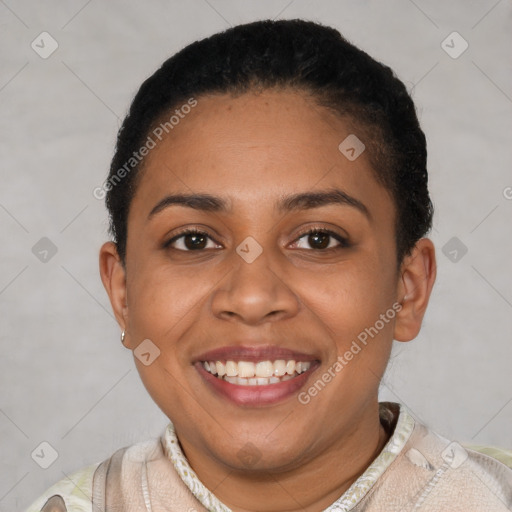 Joyful latino young-adult female with short  black hair and brown eyes