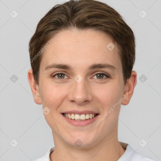 Joyful white young-adult female with short  brown hair and grey eyes