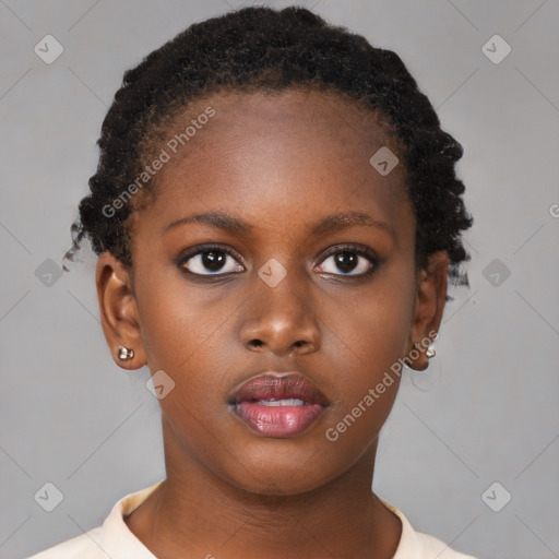 Neutral black young-adult female with short  brown hair and brown eyes