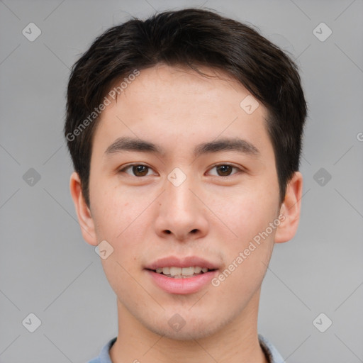 Neutral asian young-adult male with short  brown hair and brown eyes