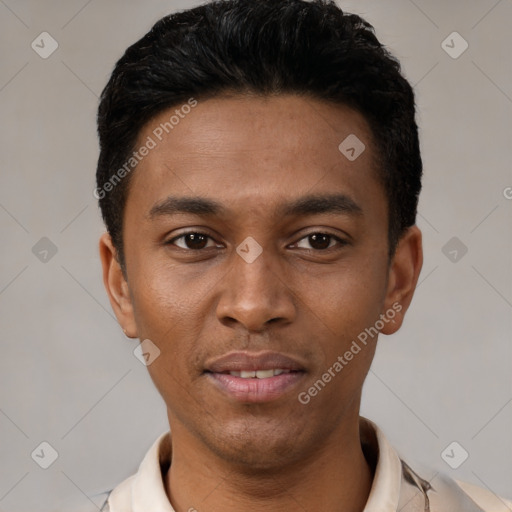 Neutral latino young-adult male with short  black hair and brown eyes