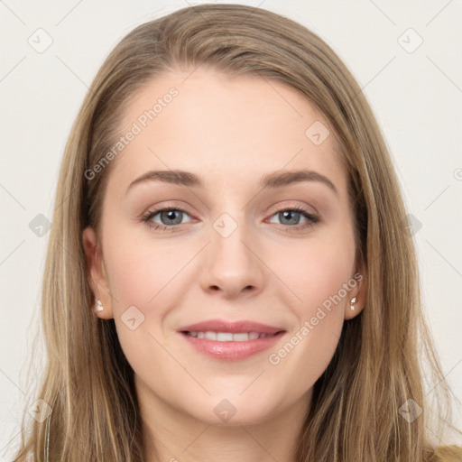 Joyful white young-adult female with long  brown hair and grey eyes