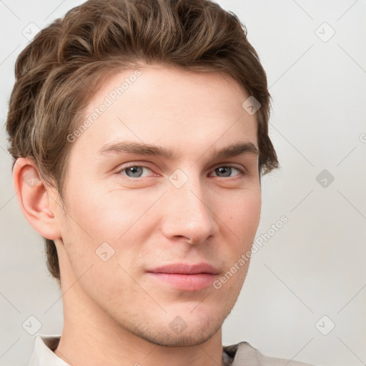 Neutral white young-adult male with short  brown hair and grey eyes