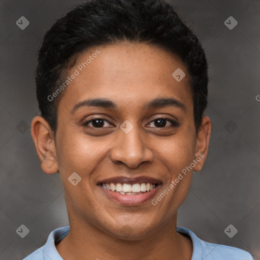 Joyful latino young-adult female with short  black hair and brown eyes