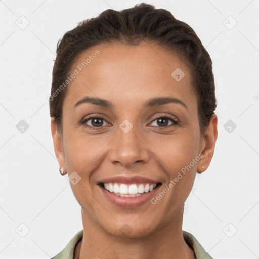 Joyful white young-adult female with short  brown hair and brown eyes