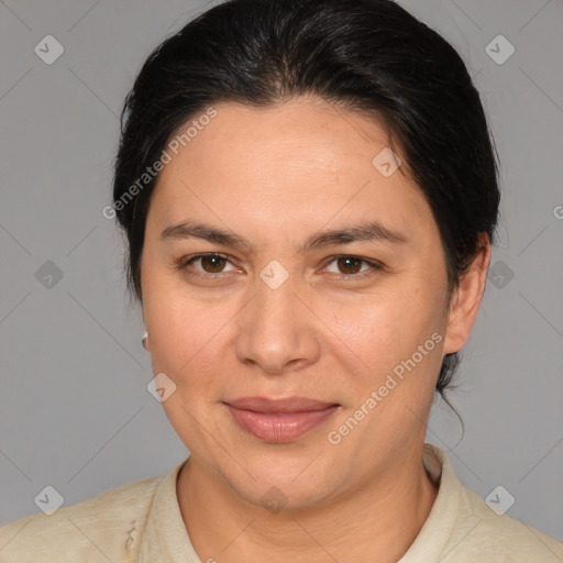 Joyful white adult female with medium  brown hair and brown eyes