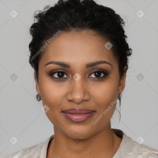 Joyful black young-adult female with medium  brown hair and brown eyes