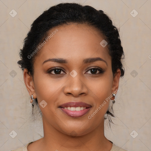 Joyful latino young-adult female with short  brown hair and brown eyes