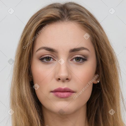 Neutral white young-adult female with long  brown hair and brown eyes