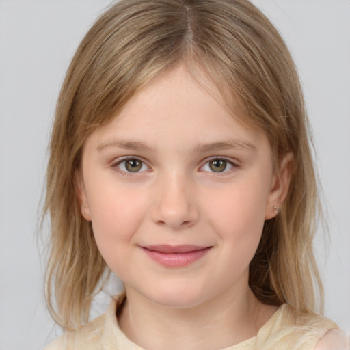 Joyful white child female with medium  brown hair and brown eyes