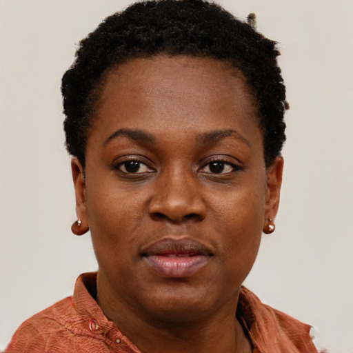 Neutral black young-adult female with short  black hair and brown eyes