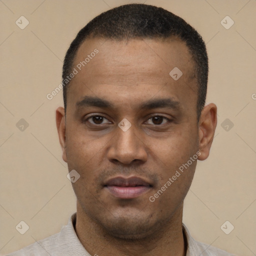 Neutral latino young-adult male with short  black hair and brown eyes