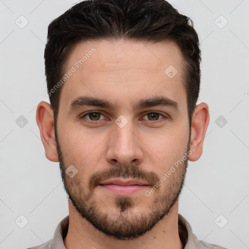 Neutral white young-adult male with short  brown hair and brown eyes