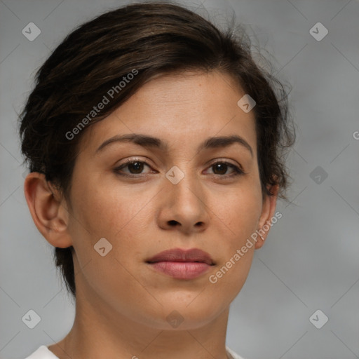 Neutral white young-adult female with short  brown hair and brown eyes