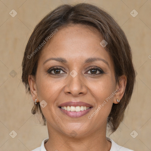 Joyful white adult female with medium  brown hair and brown eyes