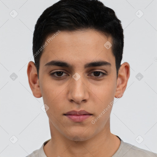 Neutral latino young-adult male with short  black hair and brown eyes