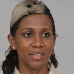 Joyful black adult female with medium  brown hair and brown eyes