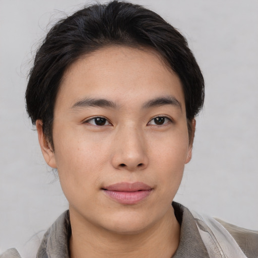 Neutral asian young-adult male with short  brown hair and brown eyes