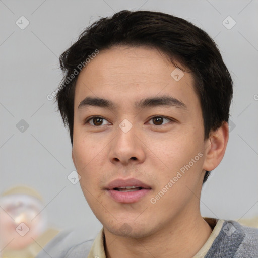 Neutral white young-adult male with short  black hair and brown eyes