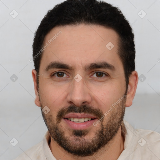 Joyful white young-adult male with short  brown hair and brown eyes