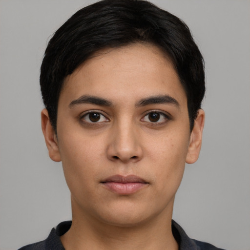 Neutral latino young-adult female with short  black hair and brown eyes