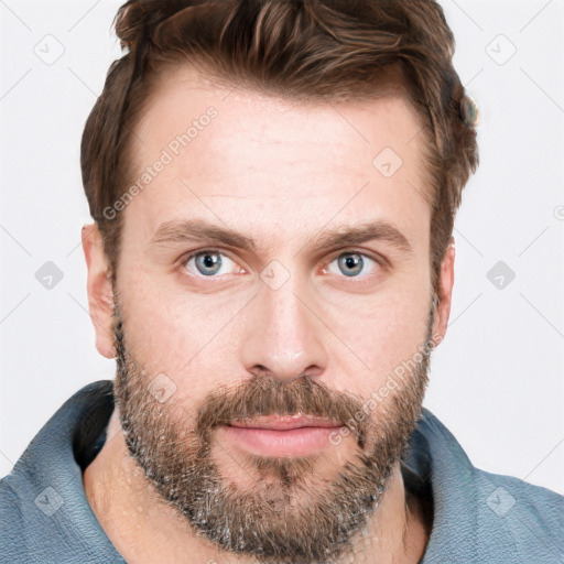 Neutral white young-adult male with short  brown hair and blue eyes