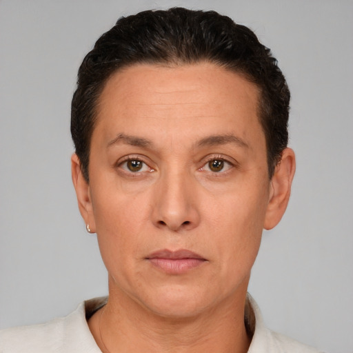 Neutral white adult female with short  brown hair and brown eyes