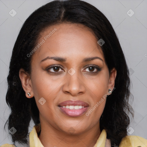 Joyful latino young-adult female with long  brown hair and brown eyes