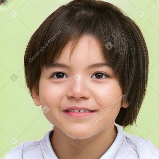 Joyful white child female with short  brown hair and brown eyes