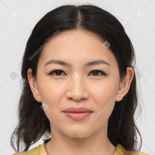 Joyful white young-adult female with medium  brown hair and brown eyes