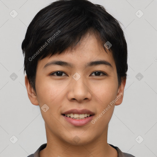 Joyful asian young-adult female with short  black hair and brown eyes