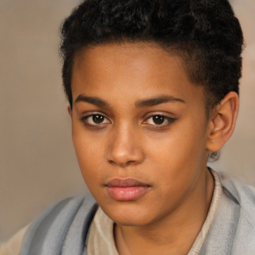 Neutral black young-adult female with short  brown hair and brown eyes