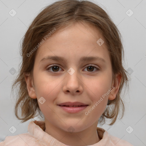 Joyful white child female with medium  brown hair and brown eyes