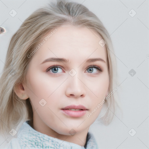 Neutral white young-adult female with medium  brown hair and blue eyes