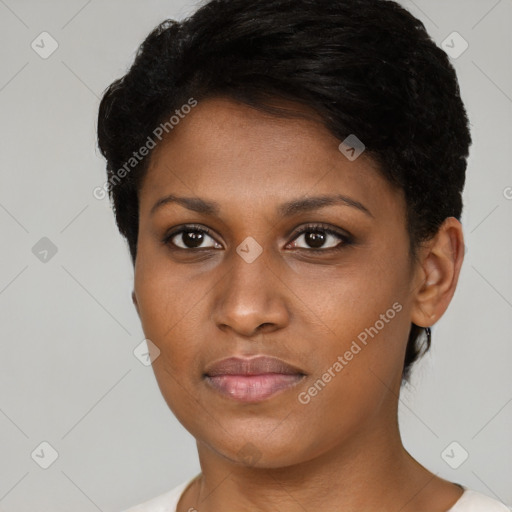 Neutral black young-adult female with short  brown hair and brown eyes