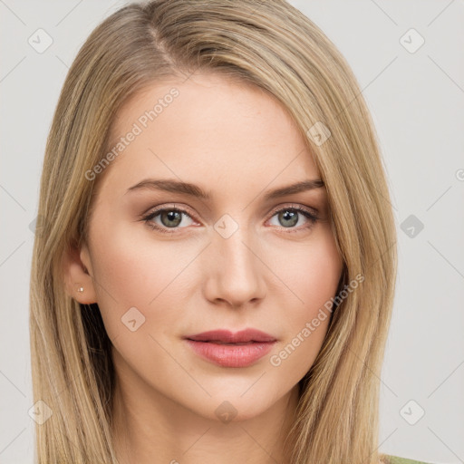 Neutral white young-adult female with long  brown hair and brown eyes