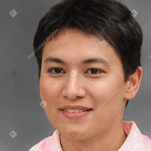 Joyful white young-adult female with short  brown hair and brown eyes