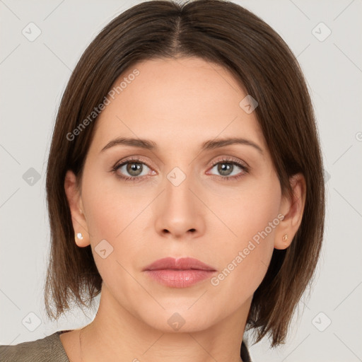 Neutral white young-adult female with medium  brown hair and brown eyes