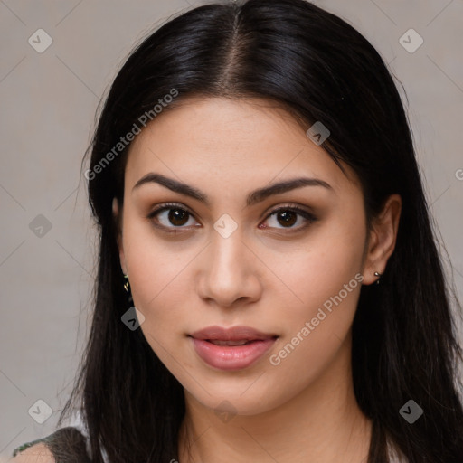 Neutral latino young-adult female with long  brown hair and brown eyes