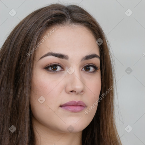 Neutral white young-adult female with long  brown hair and brown eyes