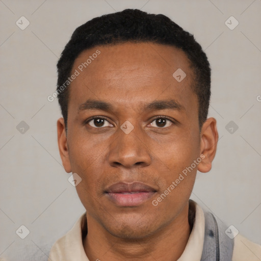 Neutral latino adult male with short  black hair and brown eyes