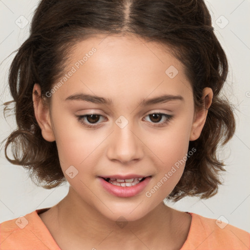 Joyful white child female with medium  brown hair and brown eyes